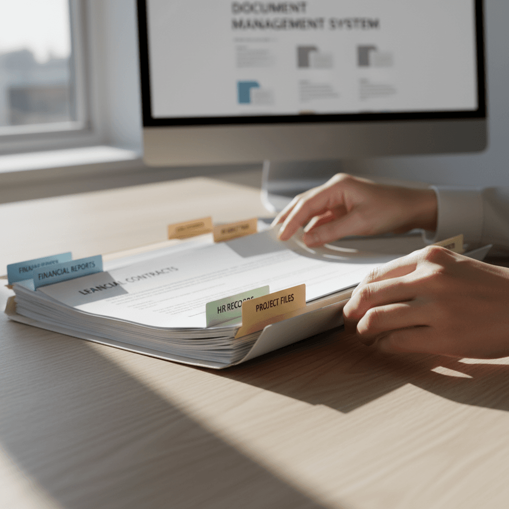 Staff member quickly retrieving a labeled document from organized storage